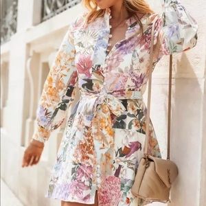 ZARA MINI FLORAL LINEN BLEND SHIRT DRESS BELT